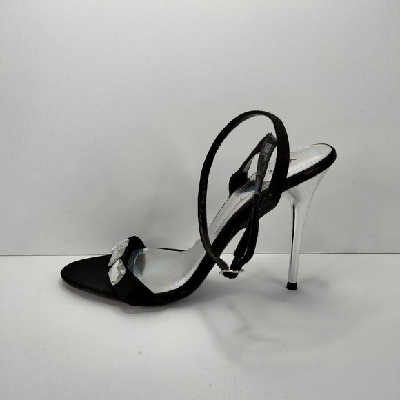 WET SEAL Sandals Ankle Strap Black Satin & Diamonds Silver 4.5" Stilettos Sz 9 - Picture 11 of 14
